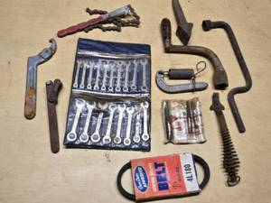 Vintage Tool Set including Wrench Set, Chain Tool, and Assorted Automotive Tools