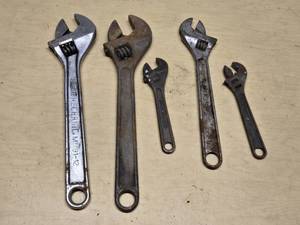 Lot of Adjustable Wrenches from Various Brands Including Master Mechanic, Crescent, and More