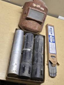 Lincoln Electric Fleetweld 37 Welding Electrodes 6013, Forney Welding Helmet, and Electrode Storage Tubes