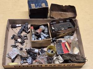 Mixed Hardware and Automotive Parts Lot including Spark Plugs, Hinges, and Connectors