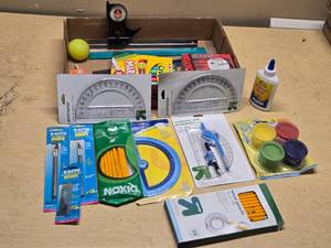 School and Art Supplies Lot including X-Acto Knives, Protractors, Compass, and Paints