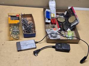 Heavy Duty Peg Hooks, RoadPro 100 Watt Inverter, and Miscellaneous Garage Items Lot including Mirrors, Picture Hangers, and Steel Wire