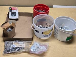 Assorted Hardware Items including Bolts, Nuts, Screws, Washers, and Nails