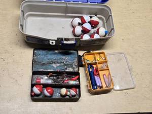 Fishing Tackle Box with Bobbers, Hooks, and Accessories