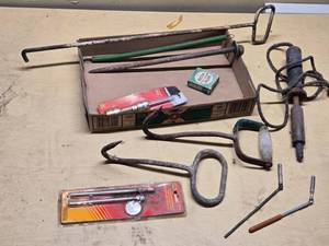 Farm and Workshop Tools including Electric Branding Iron, Bail Hooks, and Soldering Iron