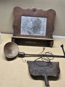 Vintage Wooden Mirror, Desk Lamp, and Metal Dustpan