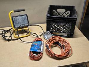 Portable Work Light, Extension Cords, and Storage Crate