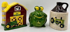 John Deere Ceramic Barn Cookie Jar, Frog Bank & Tractor Jug Bank
