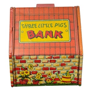 Vintage Three Little Pigs Blackie Pig Tin Litho Bank by Chein  Excellent Condition