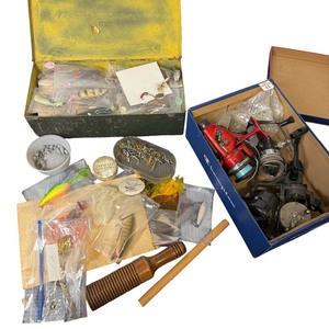 Antique Fishing Tackle Collection with Reels, Lures & Tackle Box