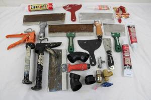 Mixed Lot Caulk Guns, Scrapers, Putty Knives & Plumbing Fittings