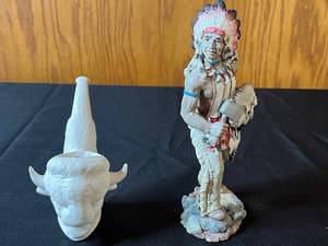 Native American Figurines - Numbered Russ The First Americans Counting Group & Decorative Buffalo Head Pipe (Lot of 2)