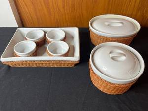 Serving Dish Set - Ceramic Wicker Basket Casseroles (Lot of 7)