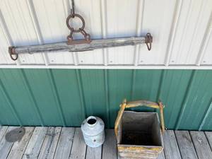 Primitive Farm Decor - Milk Can, Wooden Tote, Hanging Yoke & Lid