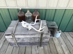 Primitive Decor Mixed Lot - Wooden Crates, Glass Jugs, Antlers & Metal Can