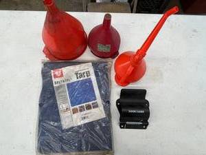 Shop Supplies Mixed Lot - 3 Funnels, Tarp & LockNLube - content quantities unverified