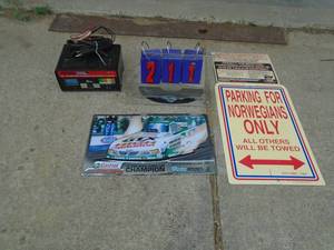 Battery charger & automotive signs. As shown.