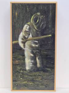 Very Cool Large Vintage 1960s era Oil on Canvas Painting of a Deep Sea Diver