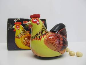 Vintage Hen Laying Eggs Tin Litho Toy wBox &amp Eggs