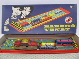 Vintage Tin Litho Windup Toy Car Set wOriginal Box - Rakodo Vonat