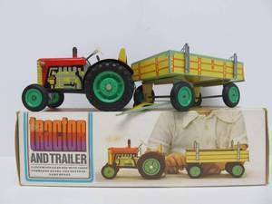 Vintage Tin Litho Tractor &amp Trailer Toy wOriginal Box