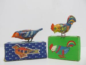 2 Vintage Tin Litho Russian Chicken toys wOriginal Boxes