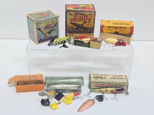 Group of Old Vintage Fishing Lures &amp Advertising Ammo Boxes