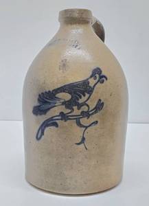 Early Salt Glazed Stoneware Jug wGreat Bird Decoration - Norton - Bennington, Vermont