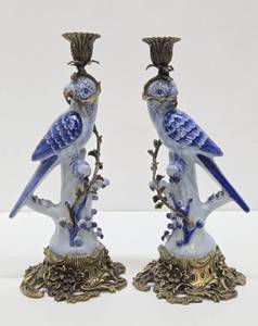 Gorgeous Vintage Ormolu &amp Porcelain Parrot Candlesticks