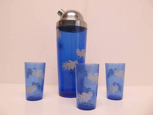 Old Vintage Art Deco Cobalt Blue Glass Shaker &amp Tumbler Set wRooster Decoration