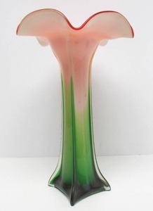 Very Nice Large Vintage Hand Blown Glass Flower Vase - Red, White &amp Green