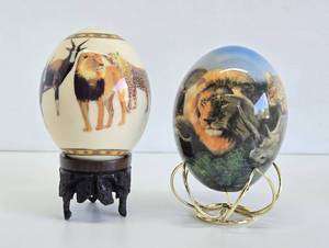 Pair of Decorated Genuine Ostrich Eggs wDisplay stands