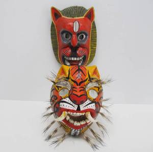2 Vintage Carved &amp Painted Boar Masks - One wReal Teeth