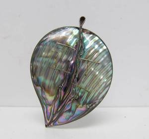 Large Signed Vintage Sterling Silver &amp Abalone Leaf Brooch - Signed GM Mexico&nbsp