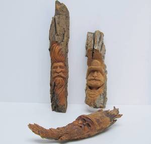 Hand Carved Signed North Wind Face etc Natural Log Sculptures by Jeff Lippka &amp others&nbsp