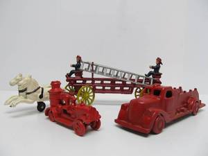 Group of Vintage Style Cast Iron Fire Engines  Trucks