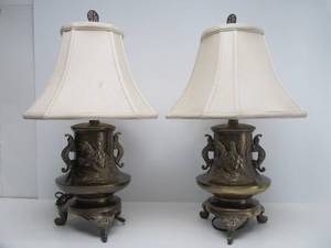 Excellent Quality Signed Oriental Vintage Brass Table Lamps wTurtles&nbsp