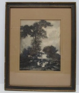 Antique 19th Century Mezzotint Landscape Print wCows - Early Beard Galleries Label on Back