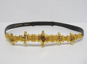 Ornate Design Gold wBlack Leather JUDITH LEIBER Belt