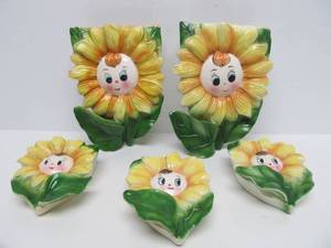 Collection of Vintage 1950s Anthropomorphic Ceramic Flower Wall Pockets wFaces