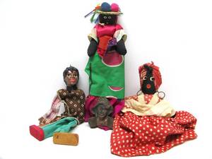 Group of Vintage Cloth Dolls &amp 1930s era Cast Iron Match Holder