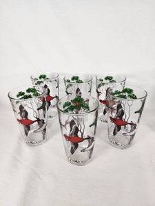 Set of 6 Vintage Glass Tumblers with Bird and Tree Design