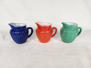 Set of Vintage Colored Creamers in Blue, Red, and Green - About 3 12 tall