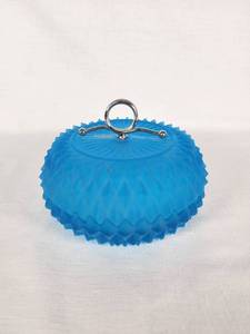 Blue Glass Lidded Dish with Metal Handle