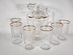 Set of Vintage Glass Pitcher and Glasses with Gold Trim