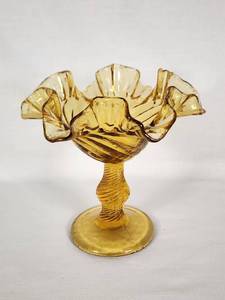 Amber Glass Compote Dish with Ruffled Edge