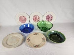 Vintage Plates and Bowls Collection including Brody Co. Green Glass Bowl, Harvest F46 N6 Plate, Trellis Plate, and Japan Green Bowl