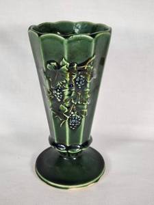 McCoy USA Green Pottery Vase with Grape Design - 7