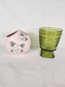 Ucagco Japan Pink Ceramic Vase and Napco Green Glass Goblet
