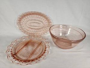 Pink Depression Glass Plates and Bowl Set including Patterned Plates and Serving Bowl